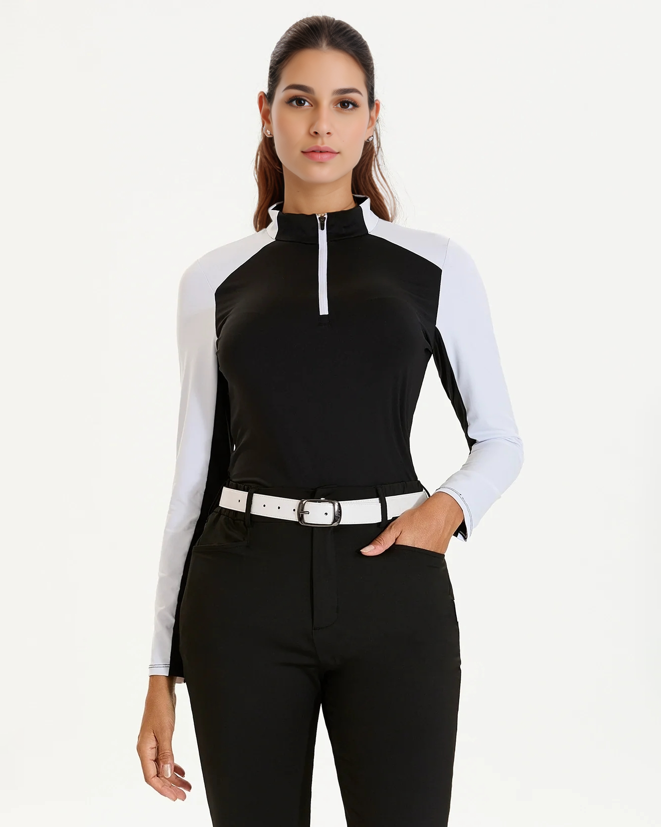 Women's Golf Black Stand Collar Long Sleeve Polo Shirt