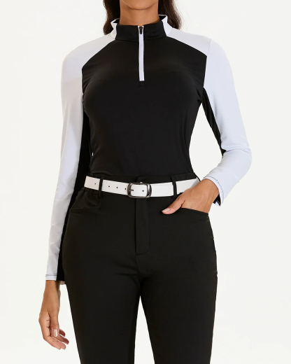 Women's Golf Black Stand Collar Long Sleeve Polo Shirt