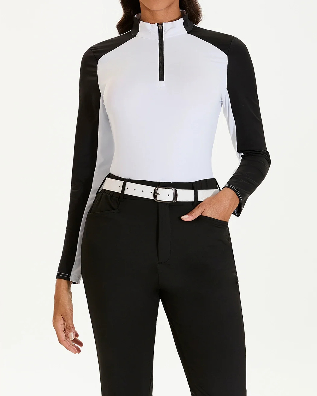 Women's Golf White Stand Collar Long Sleeve Polo Shirt