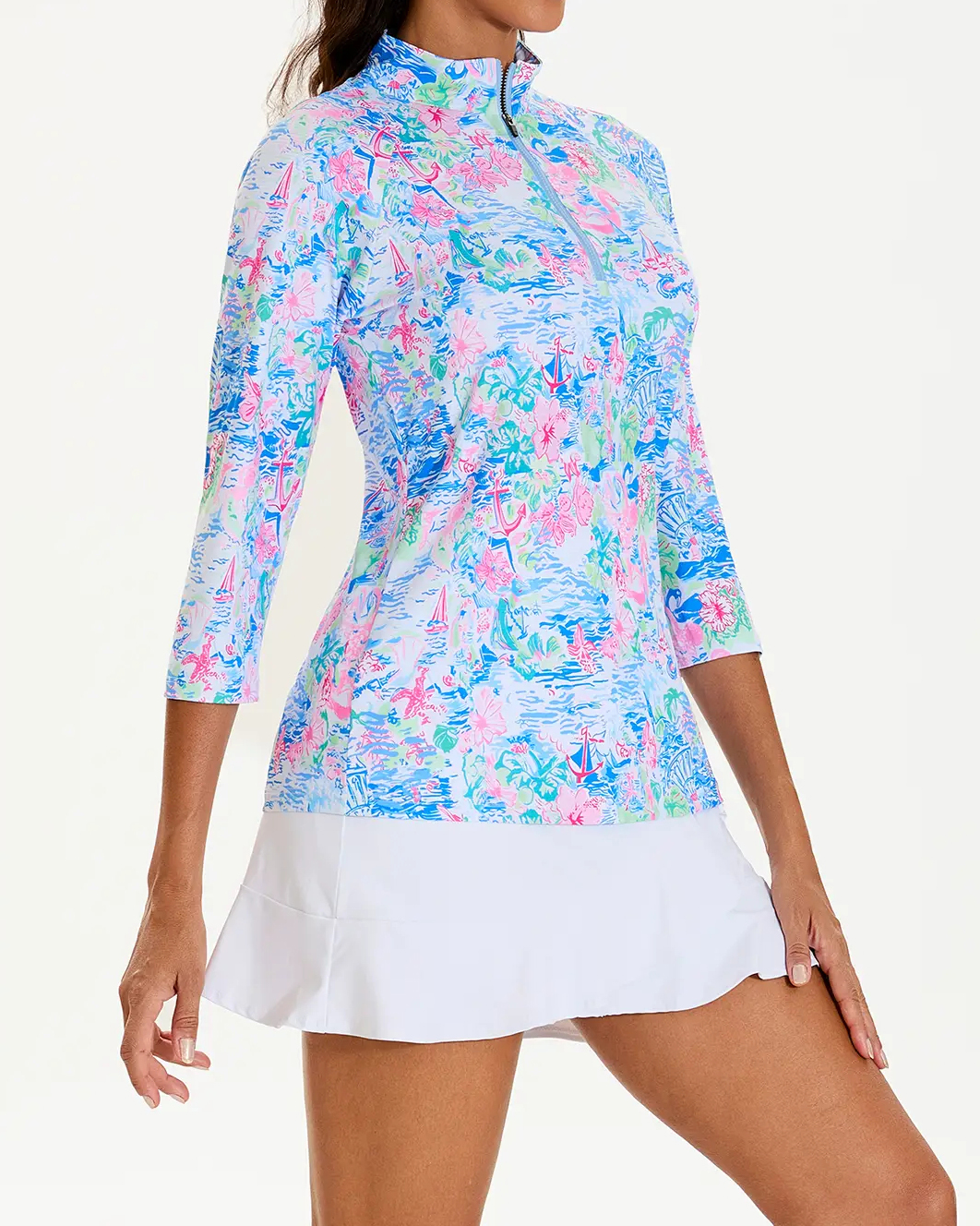 Women's Golf Spring Landscape Print Quarter Zip 3/4 Sleeve Polo Shirt