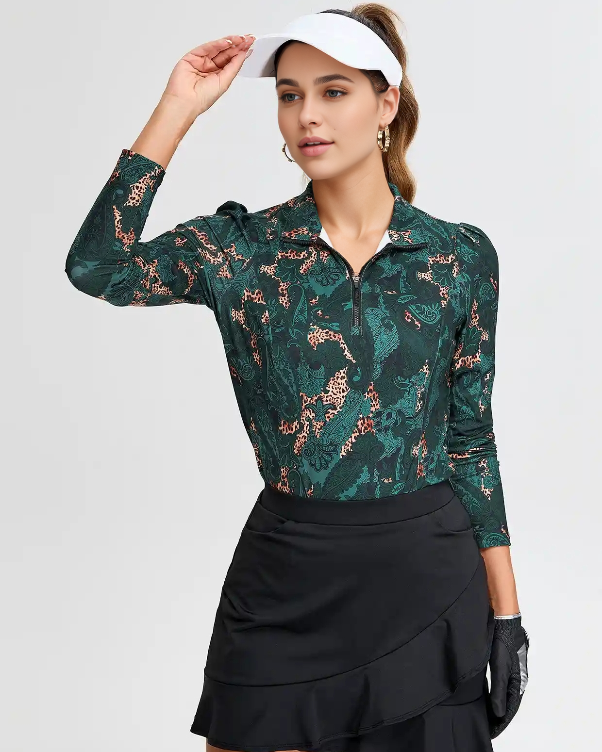 Women's Green Paisley Quarter Zip Long Sleeve Golf Shirt