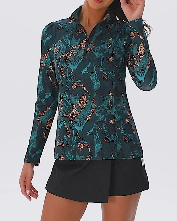 Women's Green Paisley Quarter Zip Long Sleeve Golf Shirt