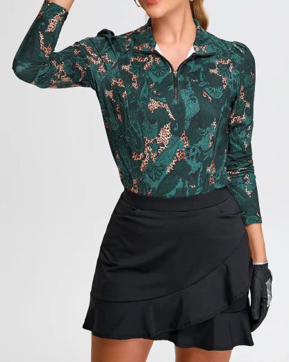 Women's Green Paisley Quarter Zip Long Sleeve Golf Shirt
