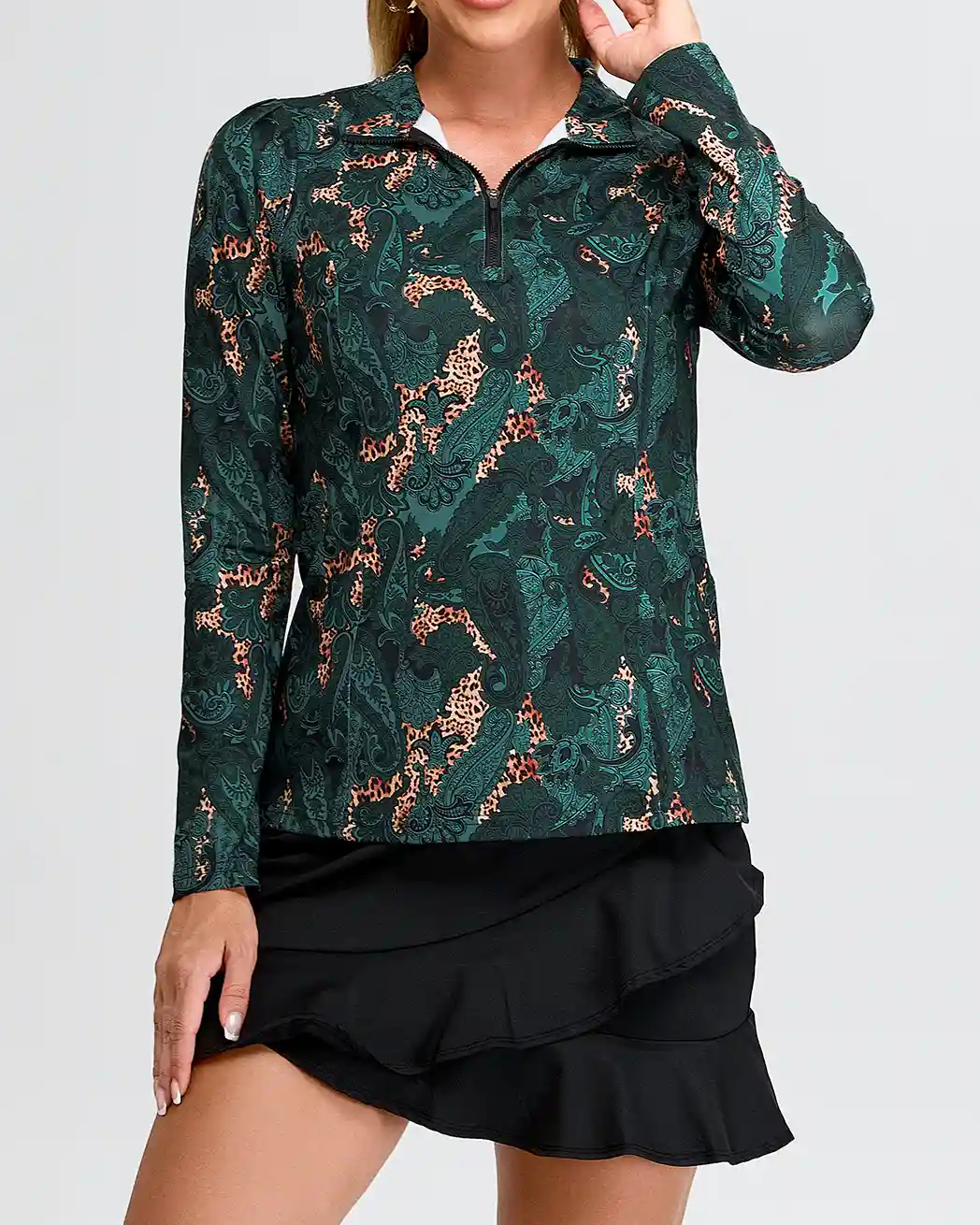 Women's Green Paisley Quarter Zip Long Sleeve Golf Shirt