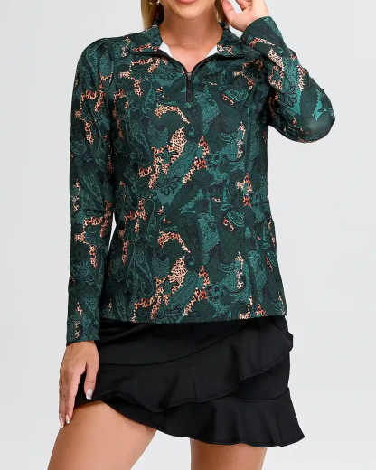 Women's Green Paisley Quarter Zip Long Sleeve Golf Shirt