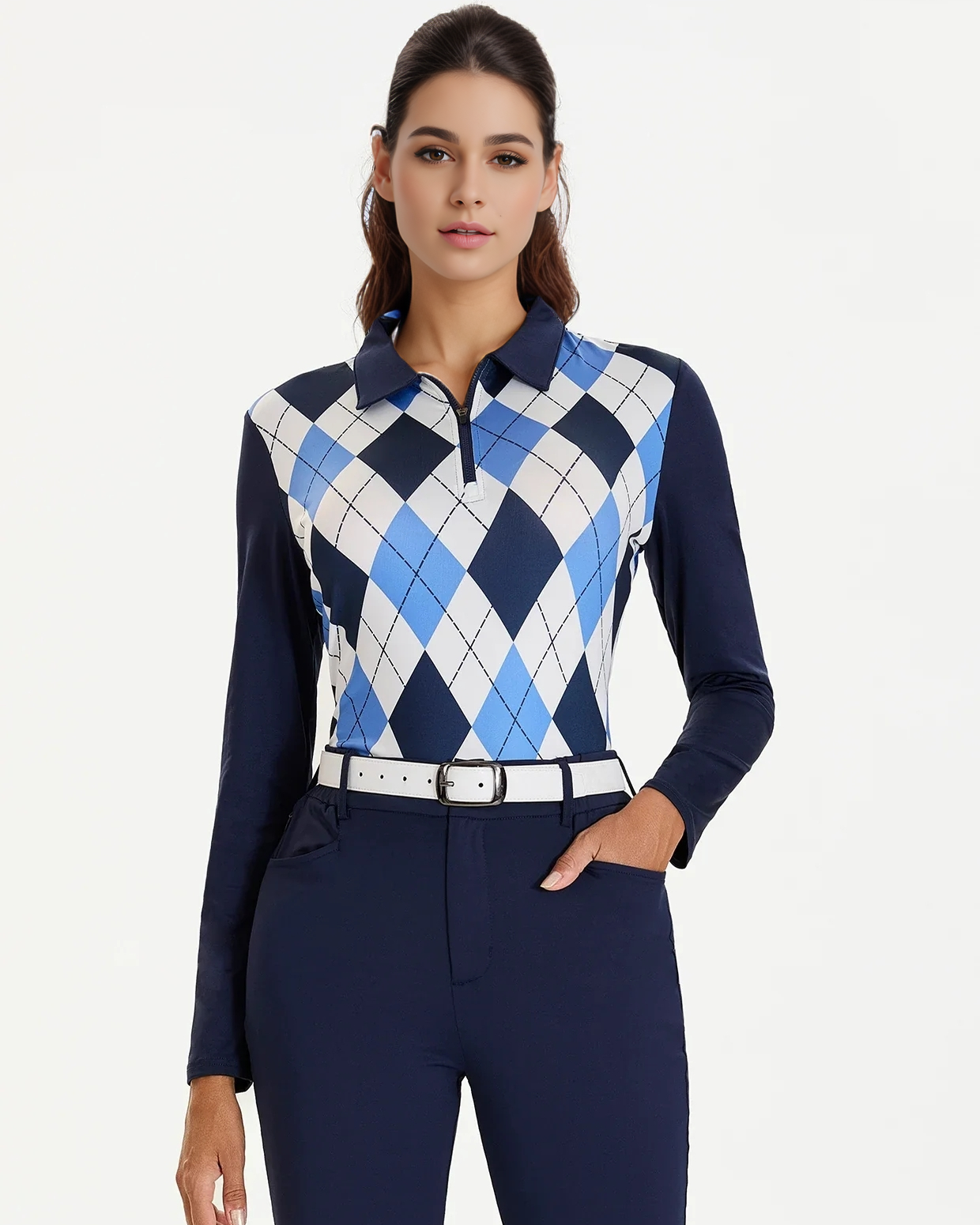 Women's Blue and White Checkerboard Long Sleeve Golf Shirt
