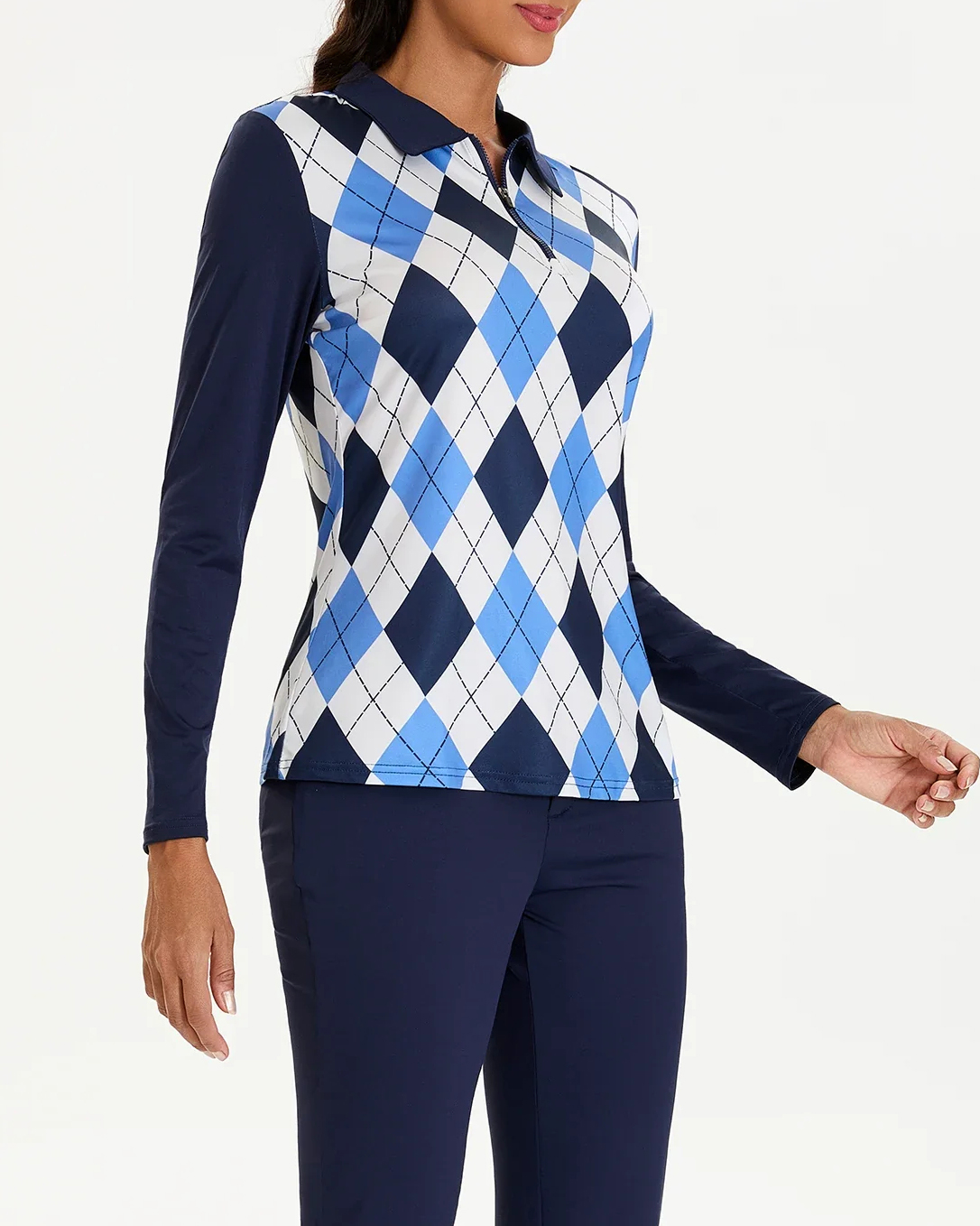 Women's Blue and White Checkerboard Long Sleeve Golf Shirt
