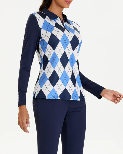Women's Blue and White Checkerboard Long Sleeve Golf Shirt