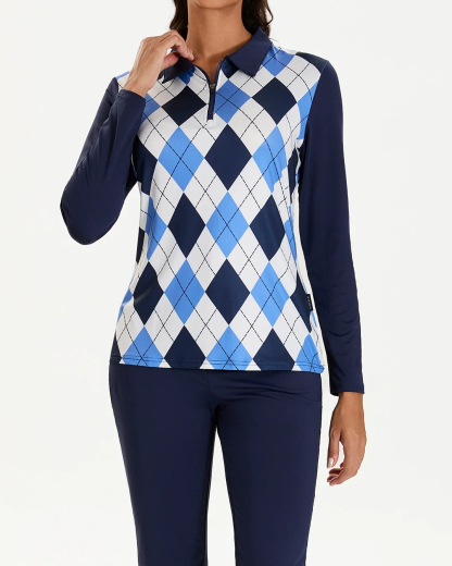 Women's Blue and White Checkerboard Long Sleeve Golf Shirt