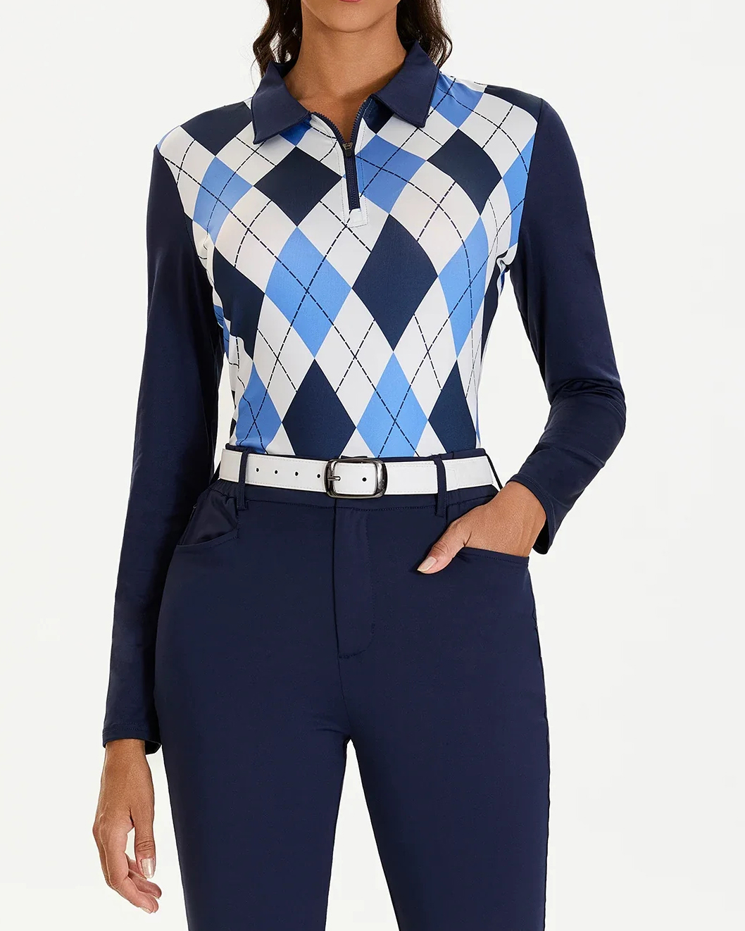 Women's Blue and White Checkerboard Long Sleeve Golf Shirt
