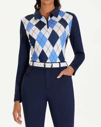 Women's Blue and White Checkerboard Long Sleeve Golf Shirt