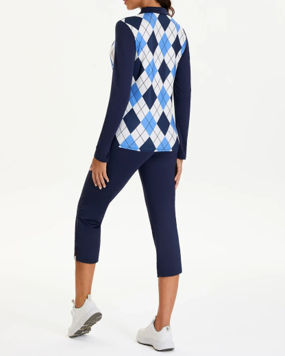 Women's Blue and White Checkerboard Long Sleeve Golf Shirt