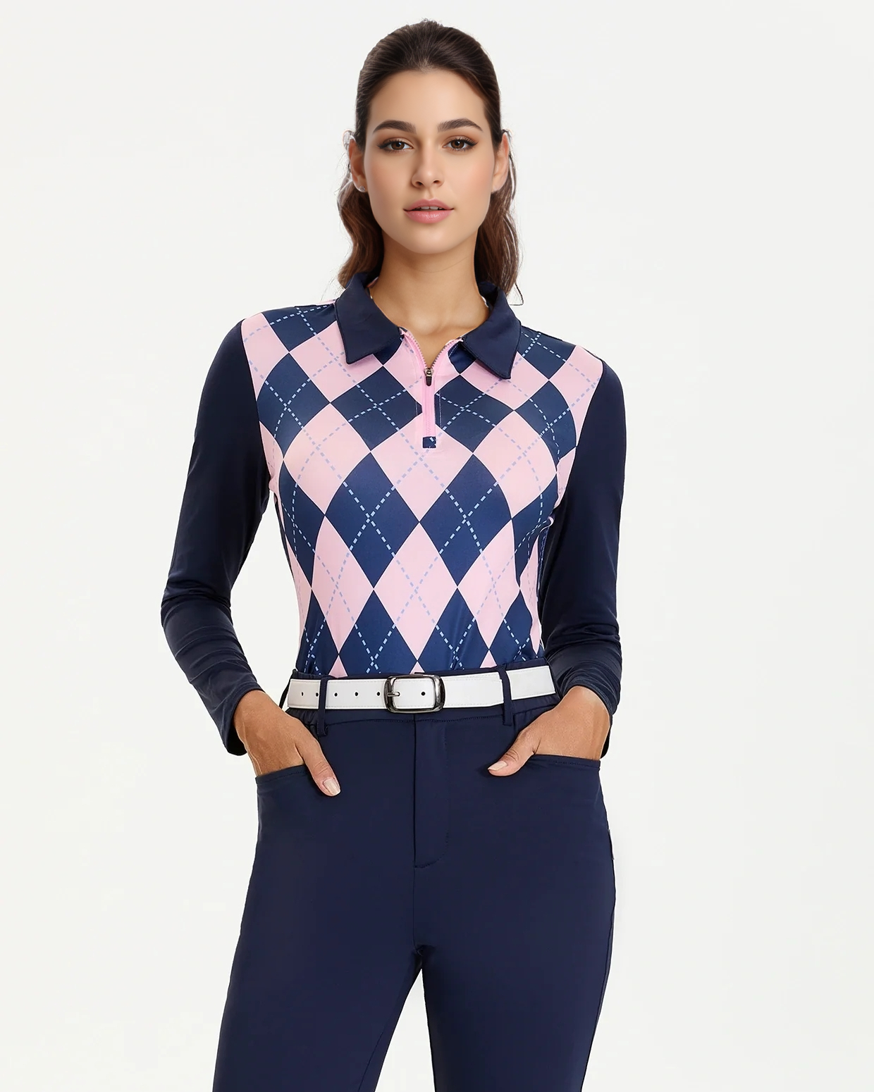 Women's Golf Blue and Pink Checkerboard Lapel Long Sleeve Polo Shirt
