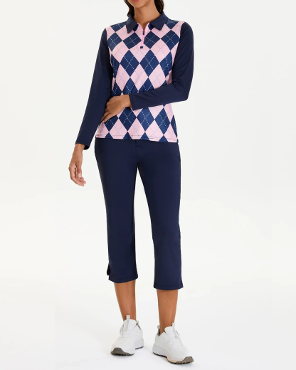 Women's Golf Blue and Pink Checkerboard Lapel Long Sleeve Polo Shirt