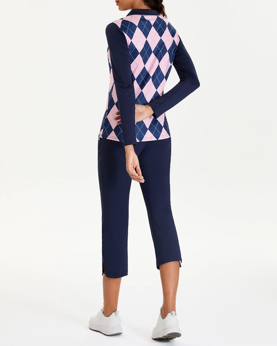 Women's Golf Blue and Pink Checkerboard Lapel Long Sleeve Polo Shirt