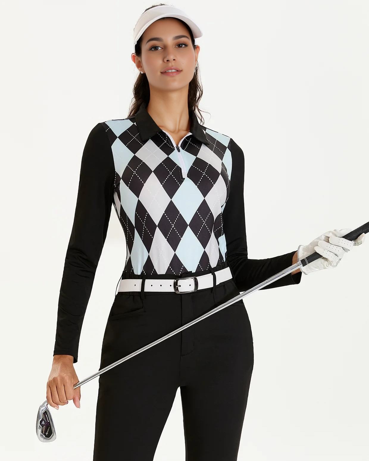 Women's Golf Black and Blue Diamond Long Sleeve Polo Shirt
