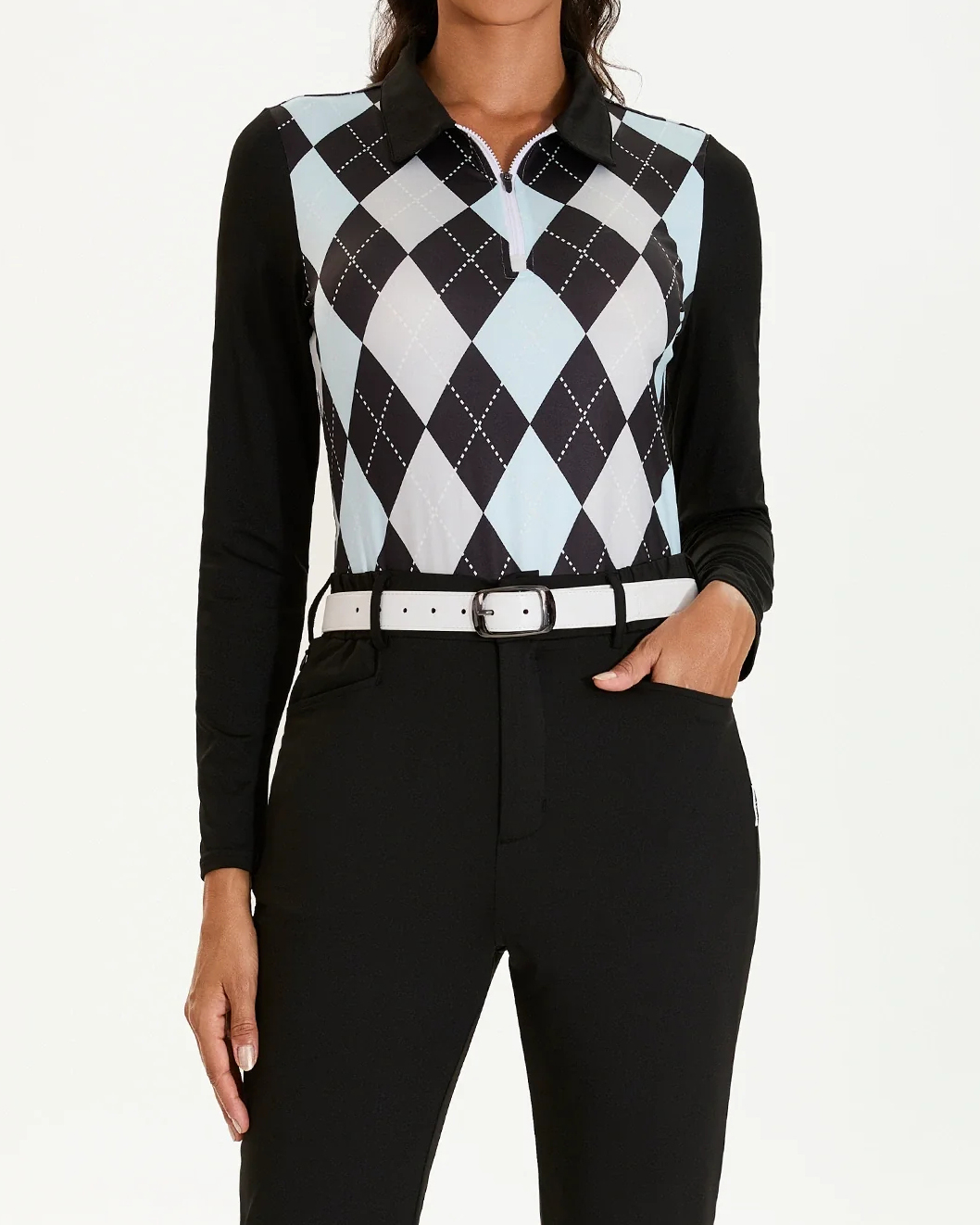 Women's Golf Black and Blue Diamond Long Sleeve Polo Shirt