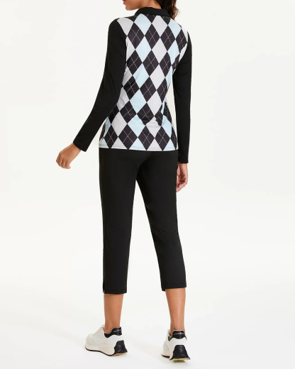 Women's Golf Black and Blue Diamond Long Sleeve Polo Shirt