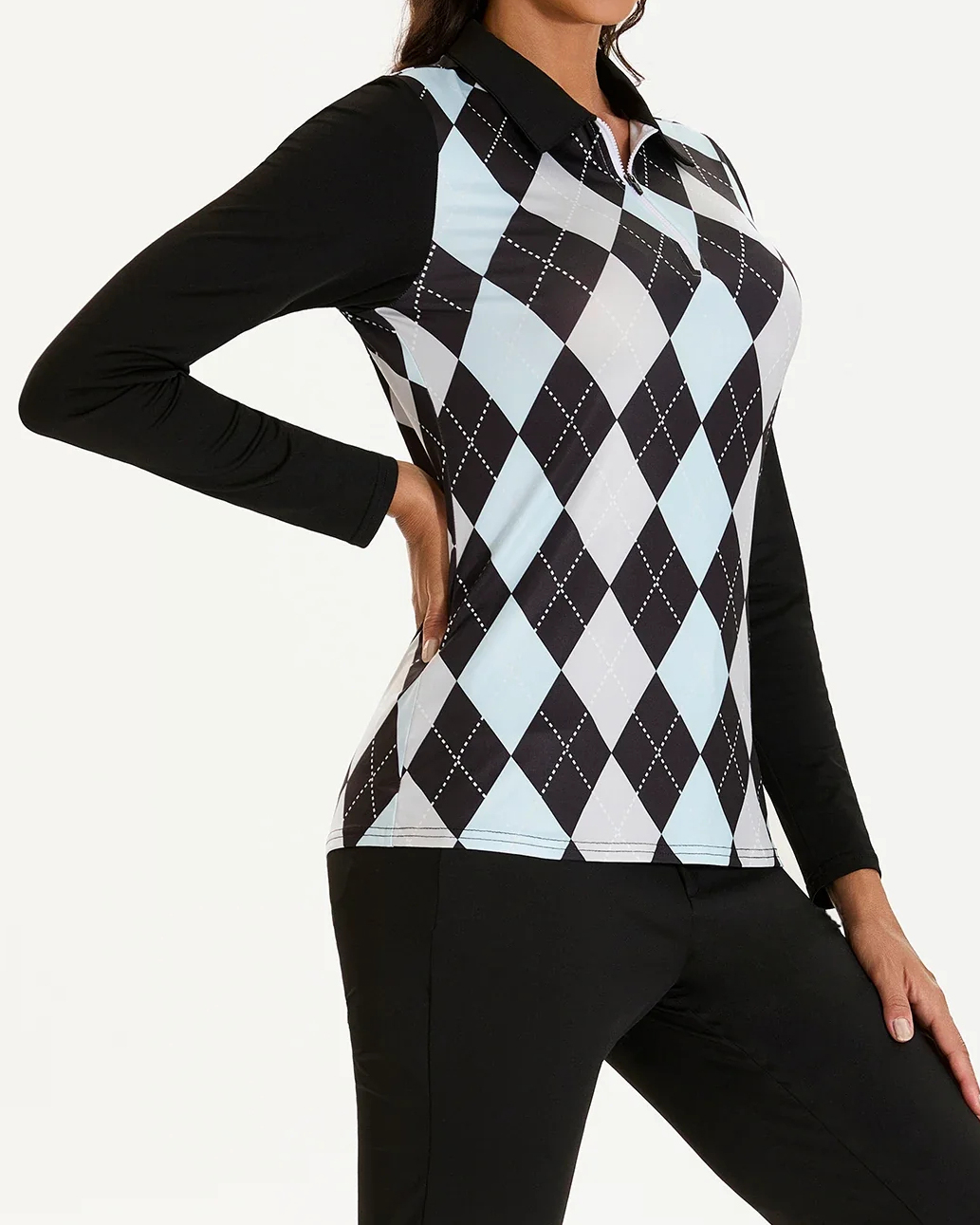 Women's Golf Black and Blue Diamond Long Sleeve Polo Shirt