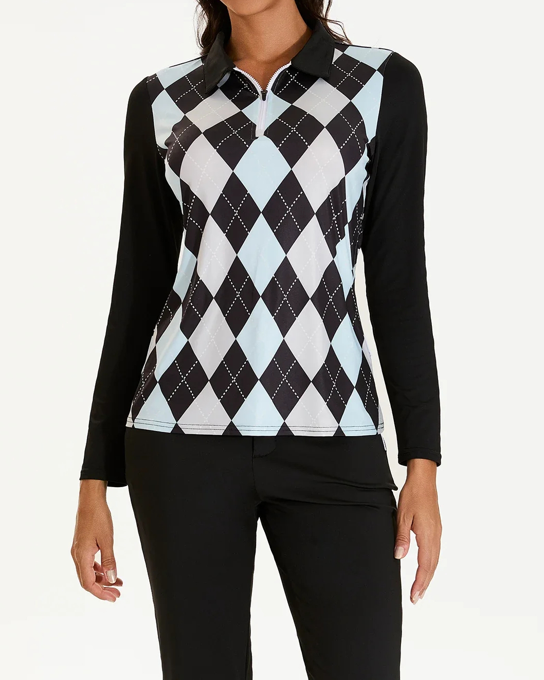 Women's Golf Black and Blue Diamond Long Sleeve Polo Shirt