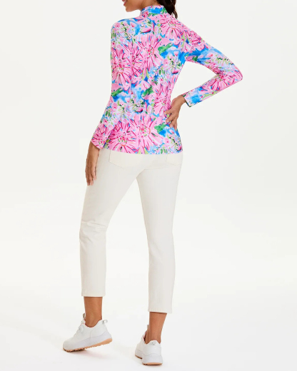 Women's Golf Pink Floral Quarter Zip Long Sleeve Polo Shirt