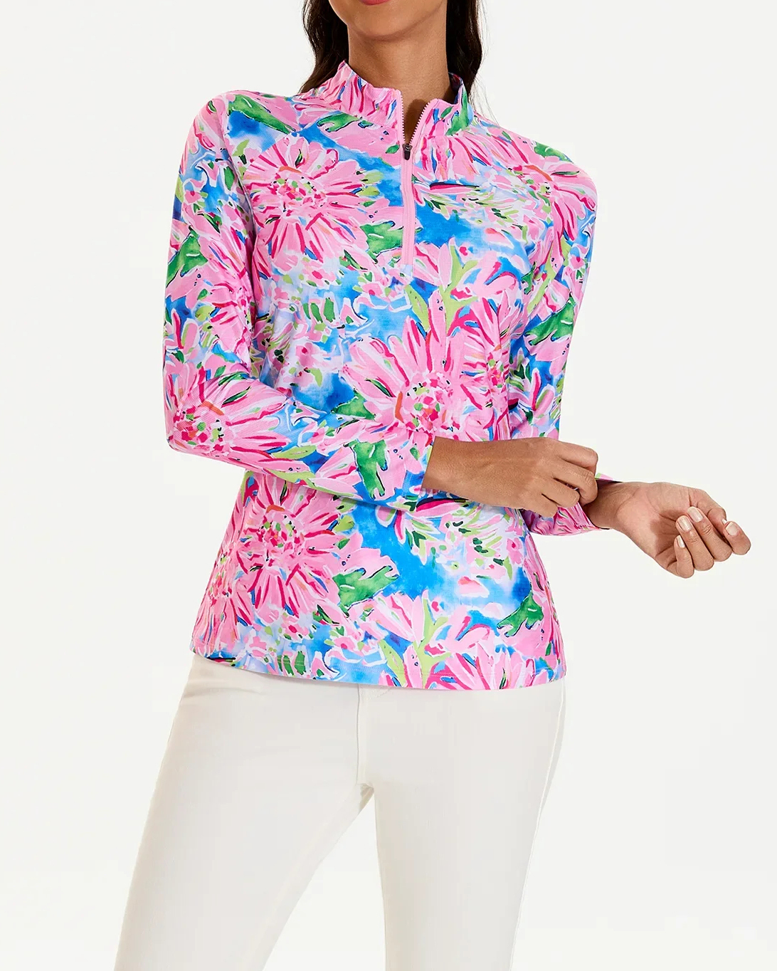 Women's Golf Pink Floral Quarter Zip Long Sleeve Polo Shirt