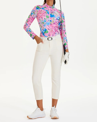Women's Golf Pink Floral Quarter Zip Long Sleeve Polo Shirt