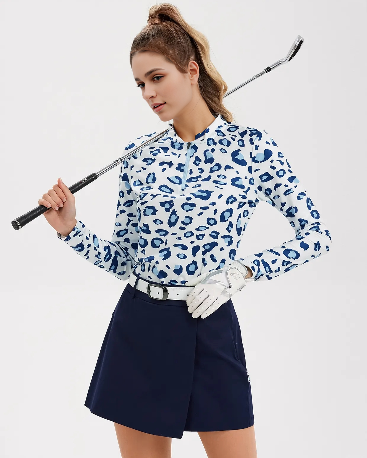 Women's Blue Leopard Quarter Zip Long Sleeve Golf Shirt