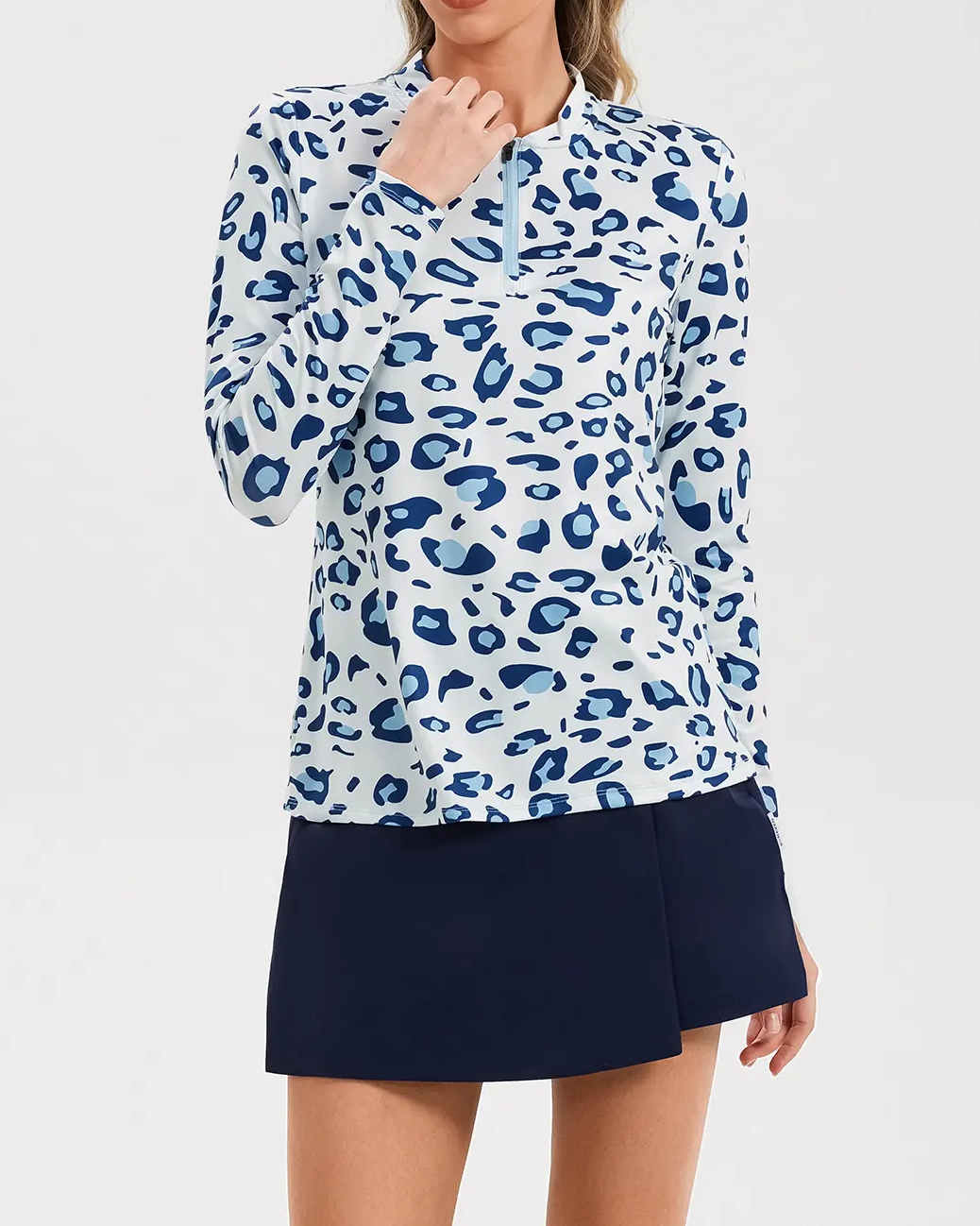 Women's Blue Leopard Quarter Zip Long Sleeve Golf Shirt