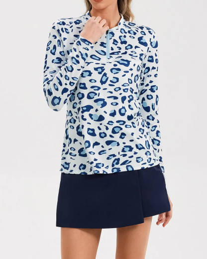 Women's Blue Leopard Quarter Zip Long Sleeve Golf Shirt