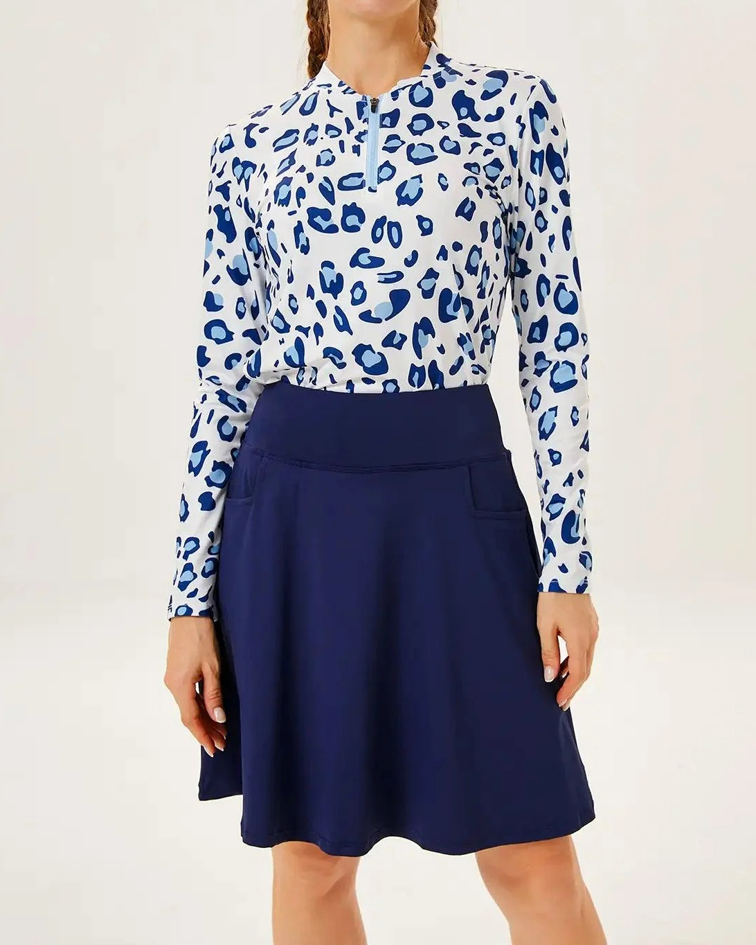 Women's Blue Leopard Quarter Zip Long Sleeve Golf Shirt