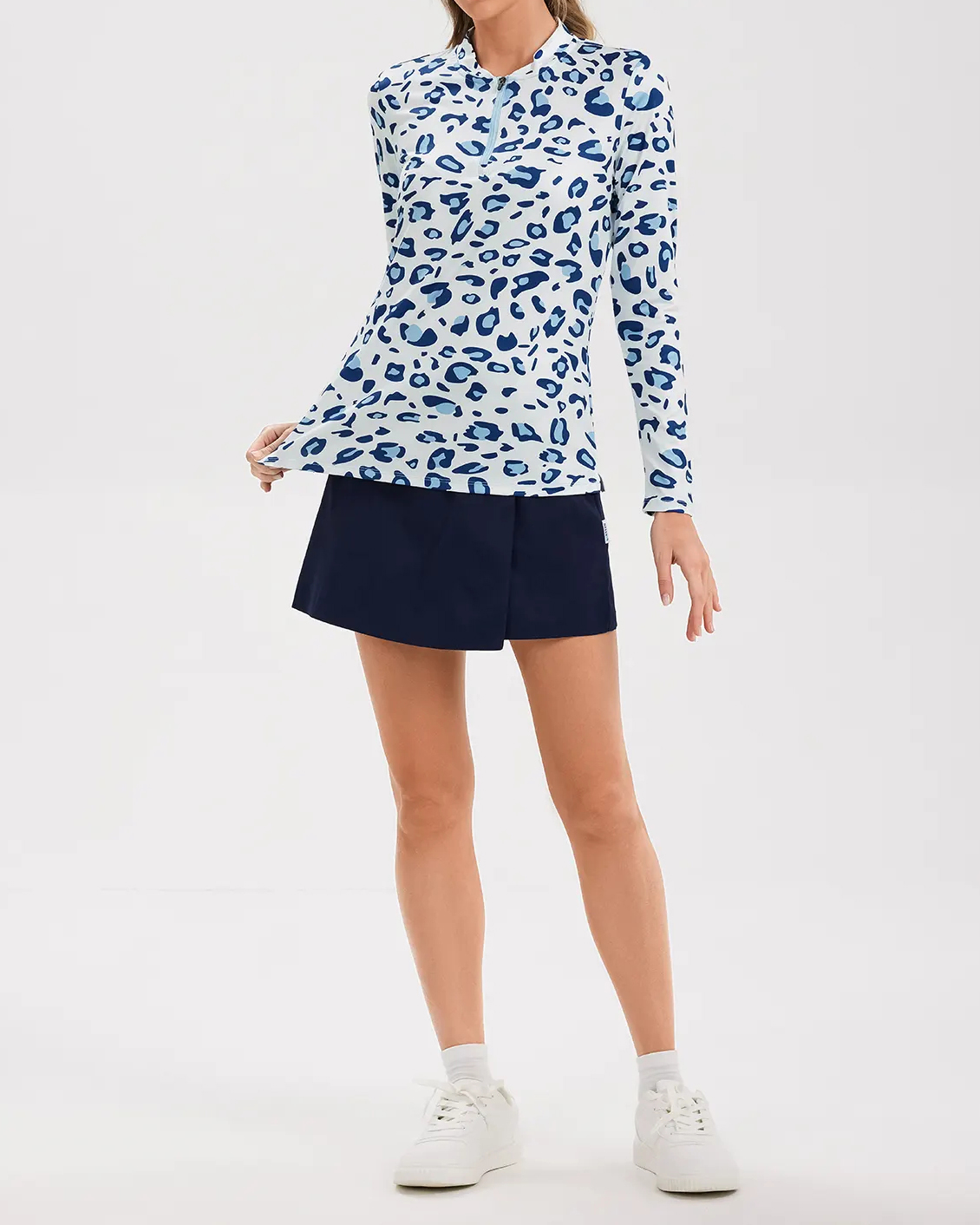 Women's Blue Leopard Quarter Zip Long Sleeve Golf Shirt
