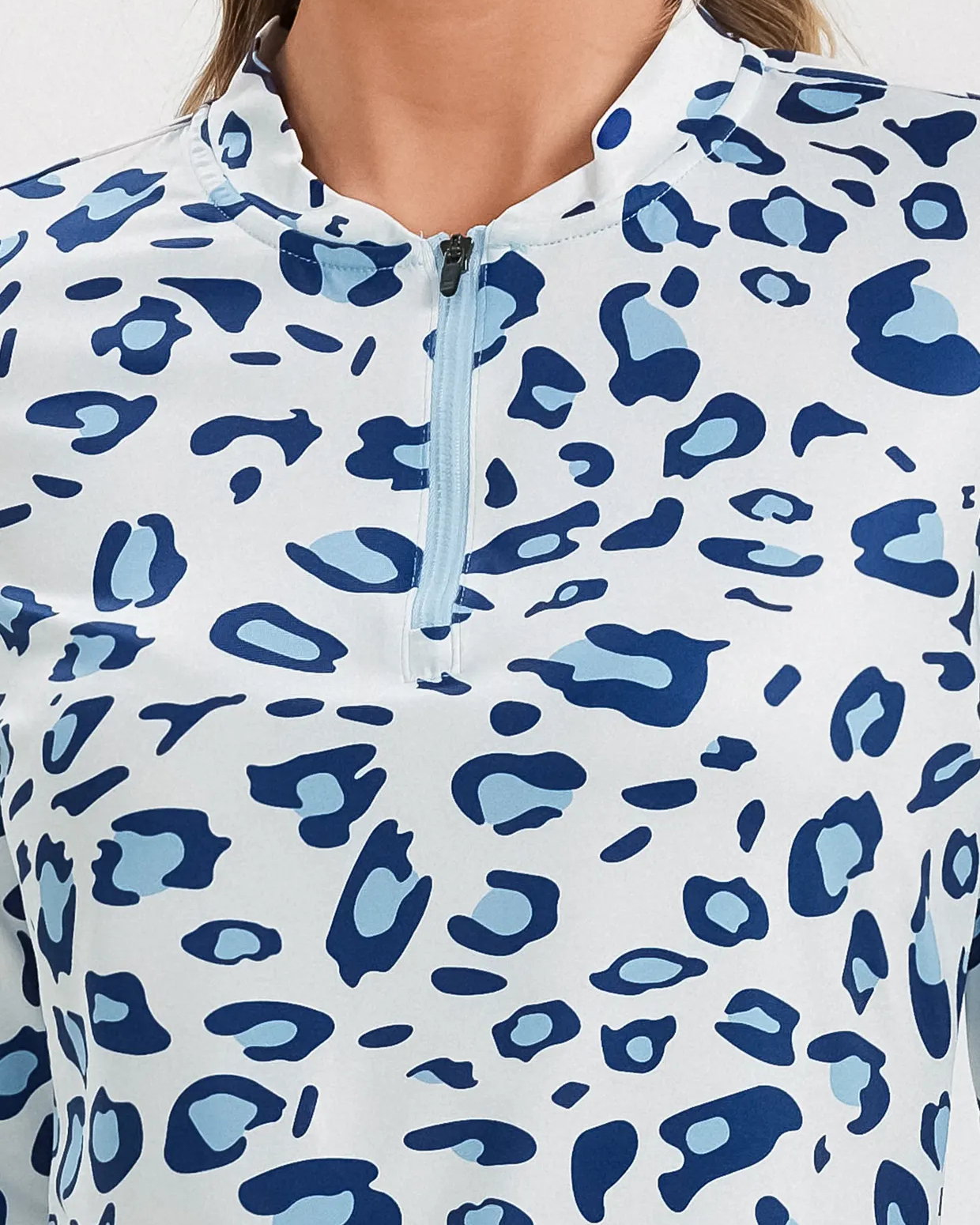 Women's Blue Leopard Quarter Zip Long Sleeve Golf Shirt