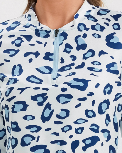 Women's Blue Leopard Quarter Zip Long Sleeve Golf Shirt