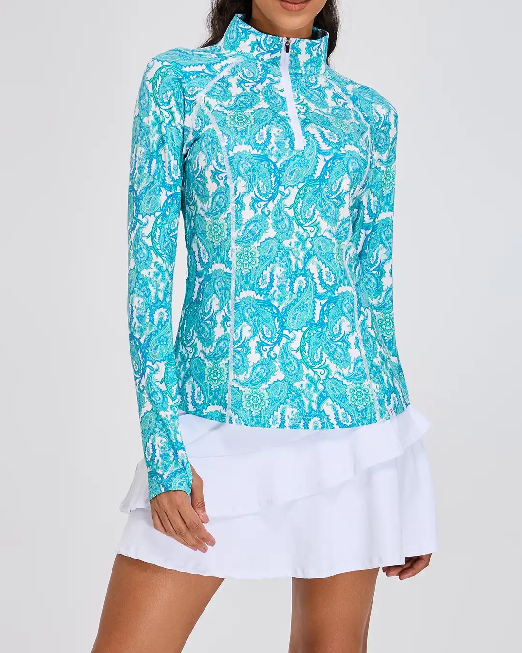 Women's Green Paisley Quarter Zip Long Sleeve Golf Shirt