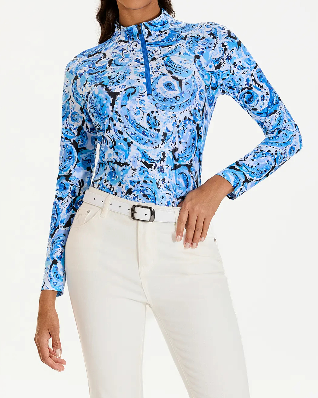 Women's Golf Blue Paisley Stand Collar Long Sleeve Shirt