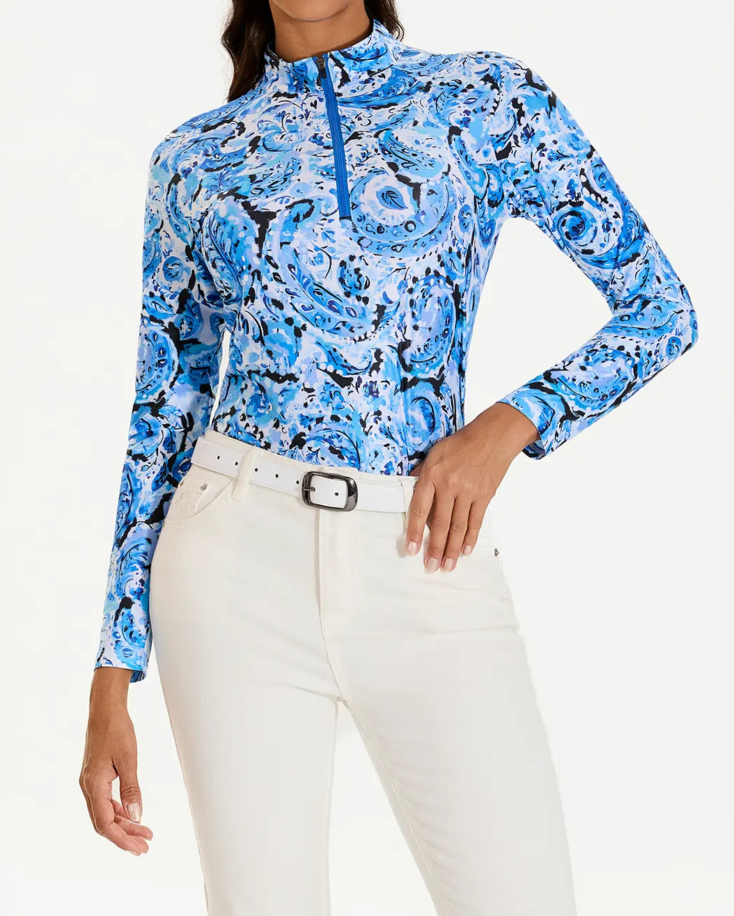 Women's Golf Blue Paisley Stand Collar Long Sleeve Shirt