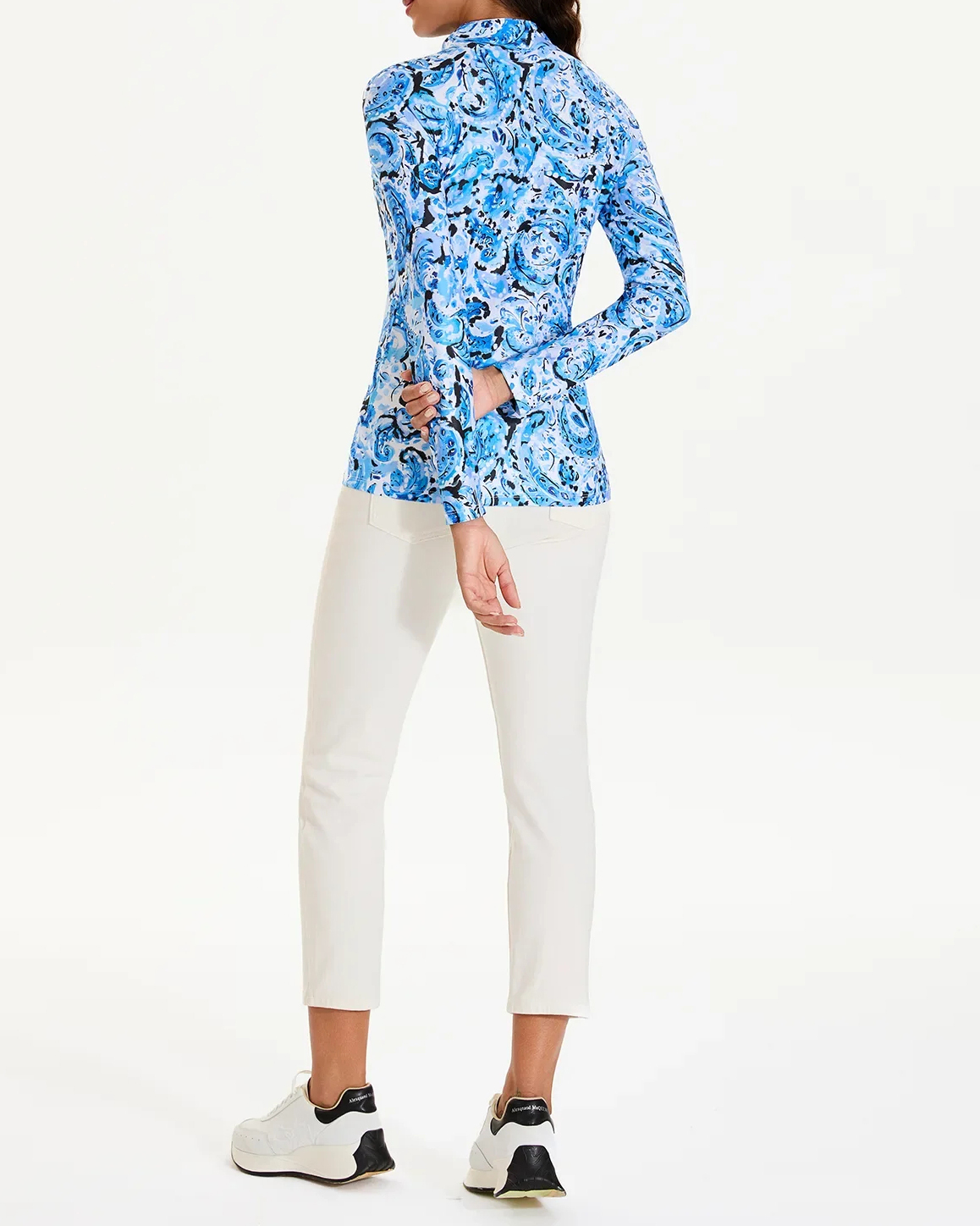Women's Golf Blue Paisley Stand Collar Long Sleeve Shirt