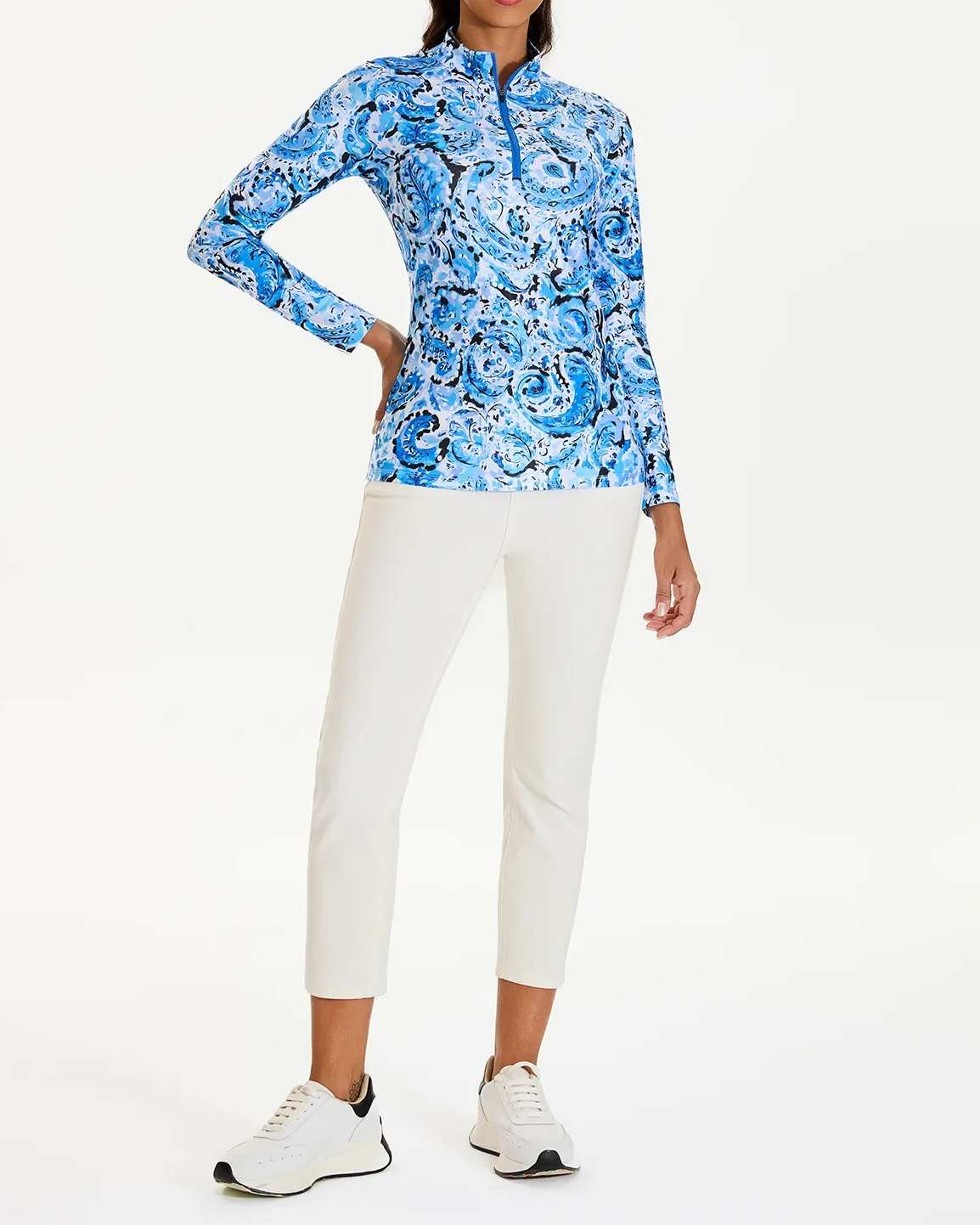 Women's Golf Blue Paisley Stand Collar Long Sleeve Shirt