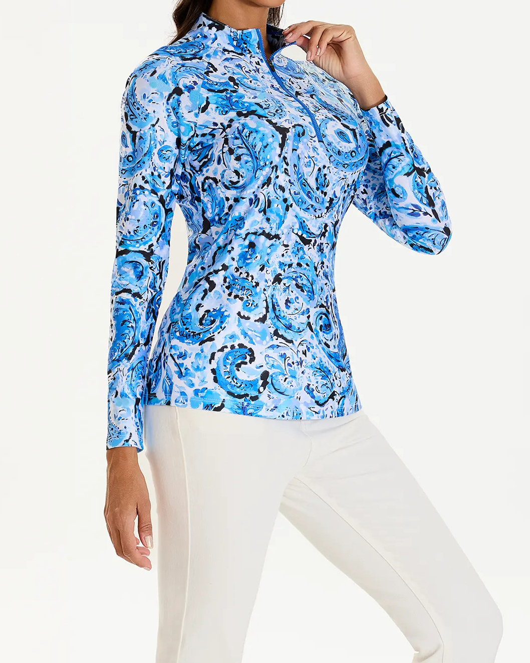 Women's Golf Blue Paisley Stand Collar Long Sleeve Shirt
