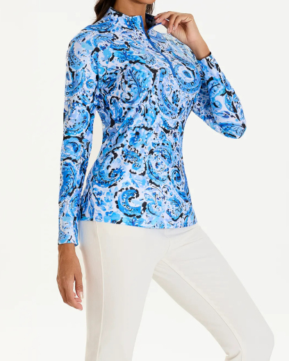 Women's Golf Blue Paisley Stand Collar Long Sleeve Shirt