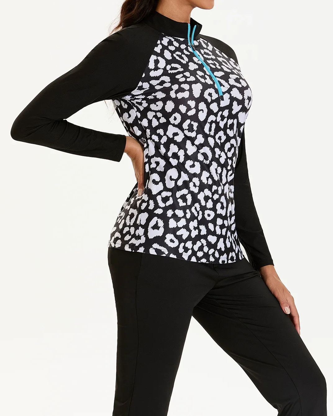 Women's Black Leopard Quarter Zip Long Sleeve Golf Shirt