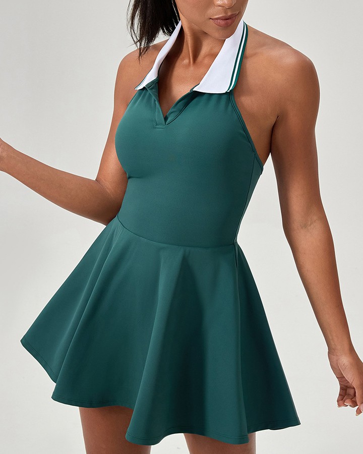 Women's Sports Tennis Skirt Halter Neck Fitness One-Piece Dress Contrast Color Lapel Golf Skirt