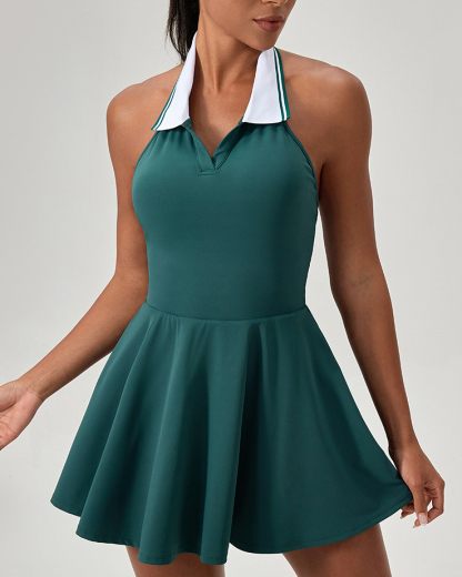 Women's Sports Tennis Skirt Halter Neck Fitness One-Piece Dress Contrast Color Lapel Golf Skirt