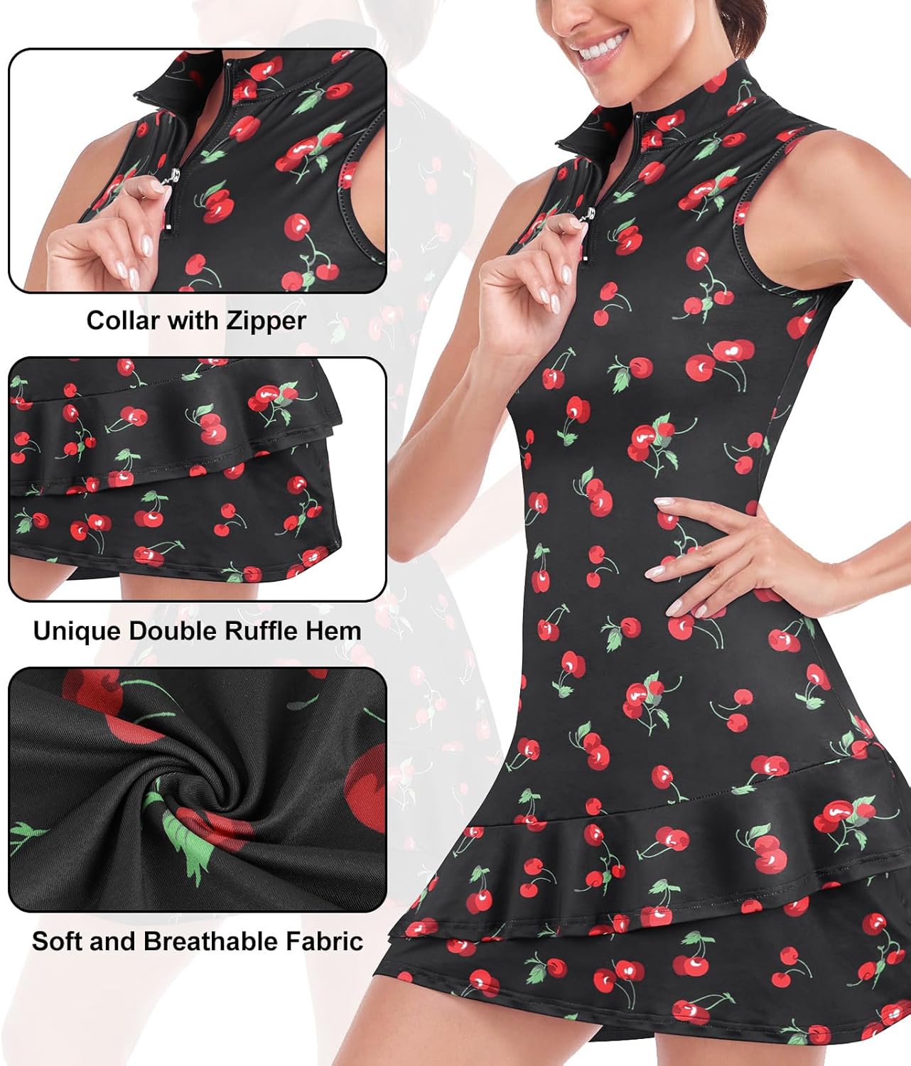 Tennis Dress for Women Sleeveless Golf Dresses with Shorts and Pockets Ruffle Zip Up Stand Collar Golf Outfits