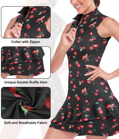 Tennis Dress for Women Sleeveless Golf Dresses with Shorts and Pockets Ruffle Zip Up Stand Collar Golf Outfits