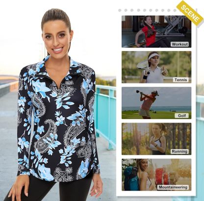 Women's Long Sleeve Golf Tennis Polo Shirts UPF50+ Half Zip Dry Fit Workout Tops Athletic Shirt