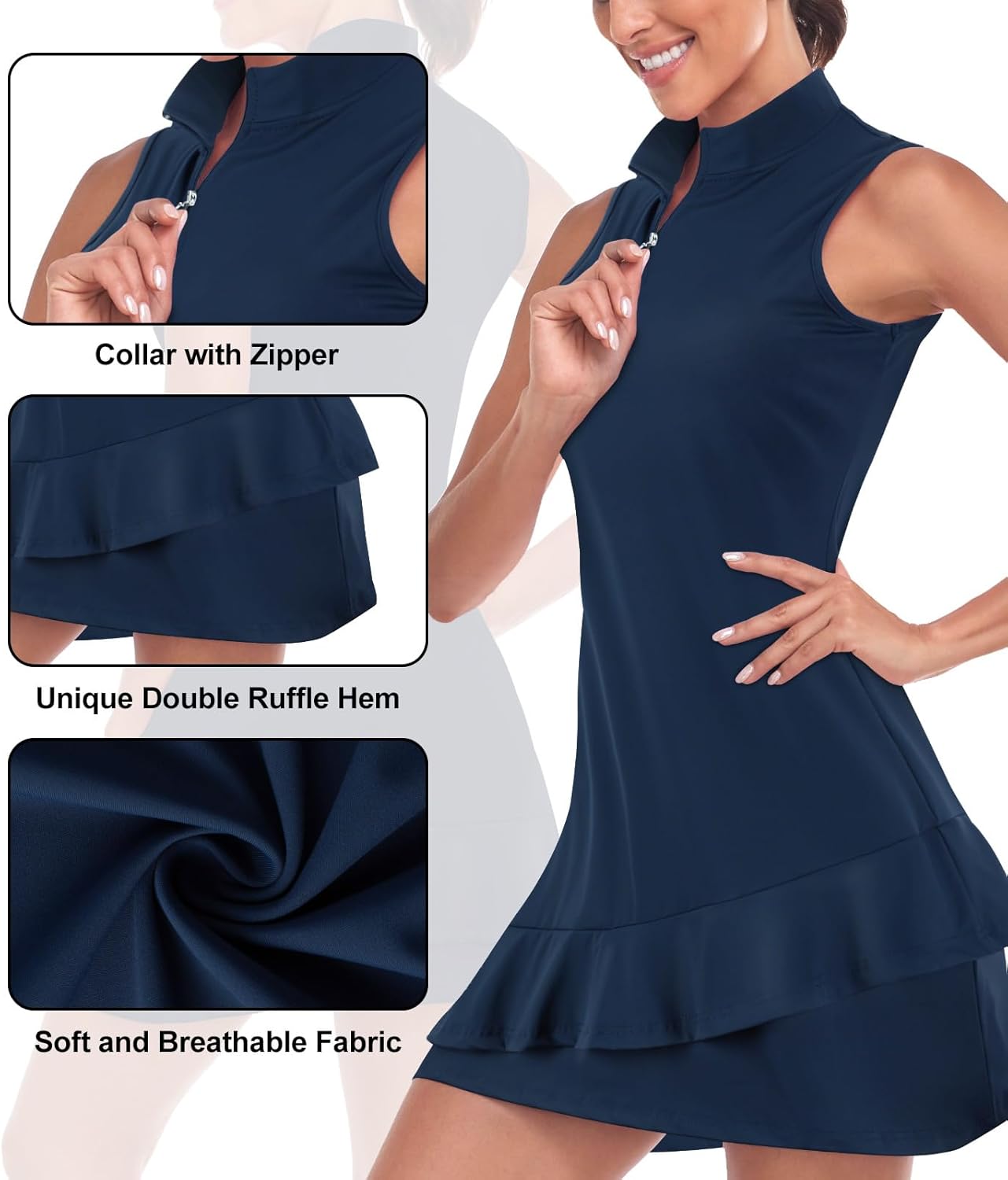 Tennis Dress for Women Sleeveless Golf Dresses with Shorts and Pockets Ruffle Zip Up Stand Collar Golf Outfits