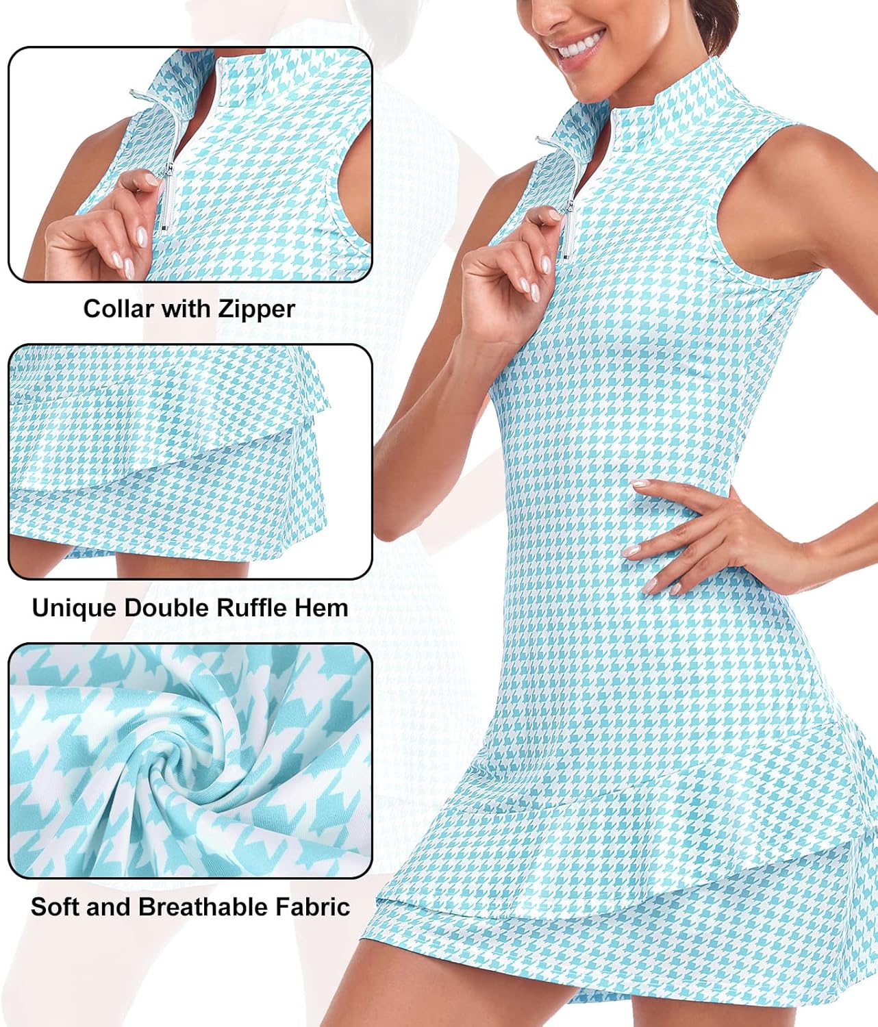 Tennis Dress for Women Sleeveless Golf Dresses with Shorts and Pockets Ruffle Zip Up Stand Collar Golf Outfits