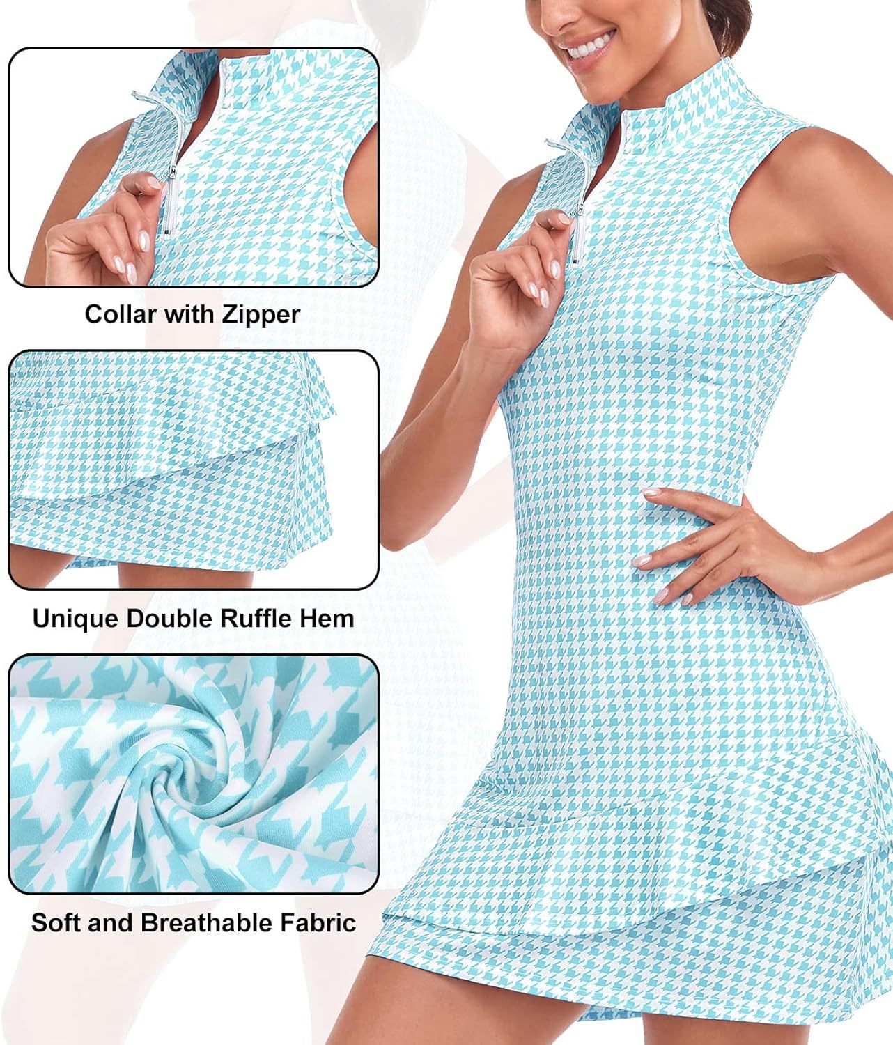 Tennis Dress for Women Sleeveless Golf Dresses with Shorts and Pockets Ruffle Zip Up Stand Collar Golf Outfits